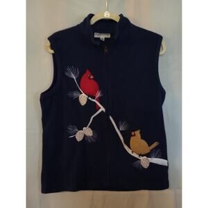 Rebecca Malone Size M Full Zip Fleece Vest Navy Blue w/Winter Birds